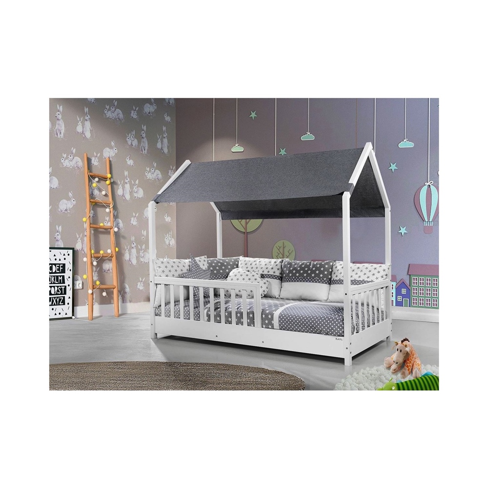 Alessi Montessori Çatılı Karyola Yatak 90 x 190 cm Gri Çatı Kumaşı